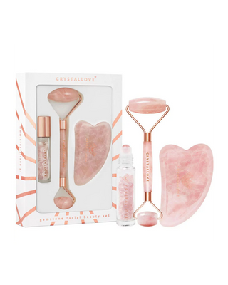 Rullo viso + pietra gua sha + bottiglia roll-on Rose quartz beauty set Crystallove - 1