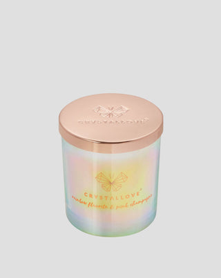 Candela di soia con fluorite arcobaleno e champagne rosa in contenitore di vetro Crystallove - 1