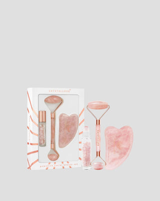 Rullo per il viso + piastra gua sha + flacone roll-on Set di bellezza quarzo rosa Crystallove - 1
