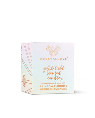 Candela di soia con fluorite arcobaleno e champagne rosa in contenitore di vetro Crystallove - 3