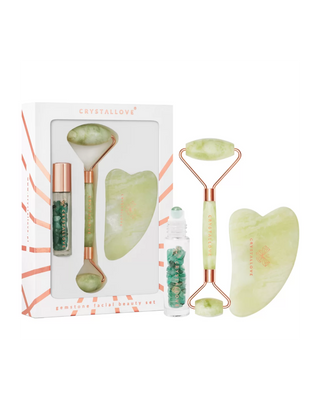 Rullo viso + pietra gua sha + bottiglia roll-on Jade beauty set Crystallove
