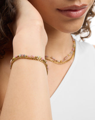 Collana in acciaio inossidabile placcato oro con giada rosa e limone Mys_2 - 3