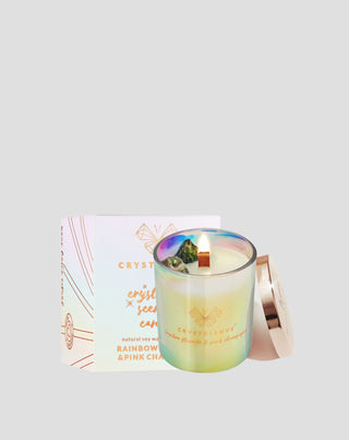 Candela di soia con fluorite arcobaleno e champagne rosa in contenitore di vetro Crystallove_3 - 3