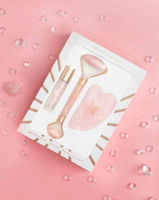 Rullo viso + pietra gua sha + bottiglia roll-on Rose quartz beauty set Crystallove - 2