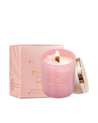 Candela di soia con quarzo rosa e rosa in contenitore di vetro Crystallove