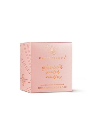Candela di soia con quarzo rosa e rosa in contenitore di vetro Crystallove