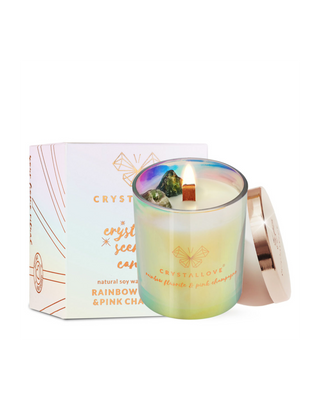 Candela di soia con fluorite arcobaleno e champagne rosa in contenitore di vetro Crystallove - 1