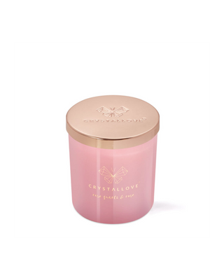 Candela di soia con quarzo rosa e rosa in contenitore di vetro Crystallove
