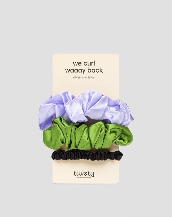 Set di elastici per capelli in seta naturale al 100% - viola, verde, nero Twisty 3 pz.