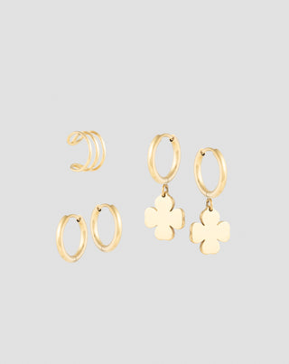 Orecchini placcati in oro a cerchio con quadrifogli, ear cuff, set di orecchini Mys - 1
