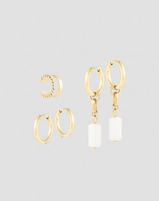 Orecchini placcati in oro con pietre naturali giada bianca, set di orecchini Mys - 1